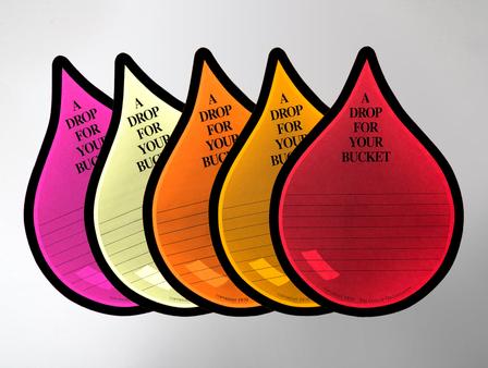 Five drops in the warm color palette: pink, yellow, orange, gold and red.