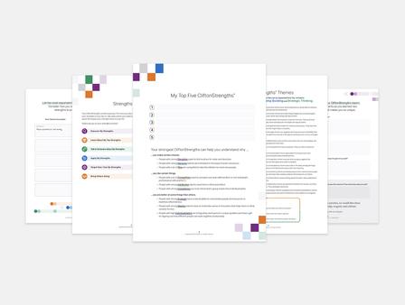 A sampling of pages from the 20-page digital CliftonStrengths Journal.