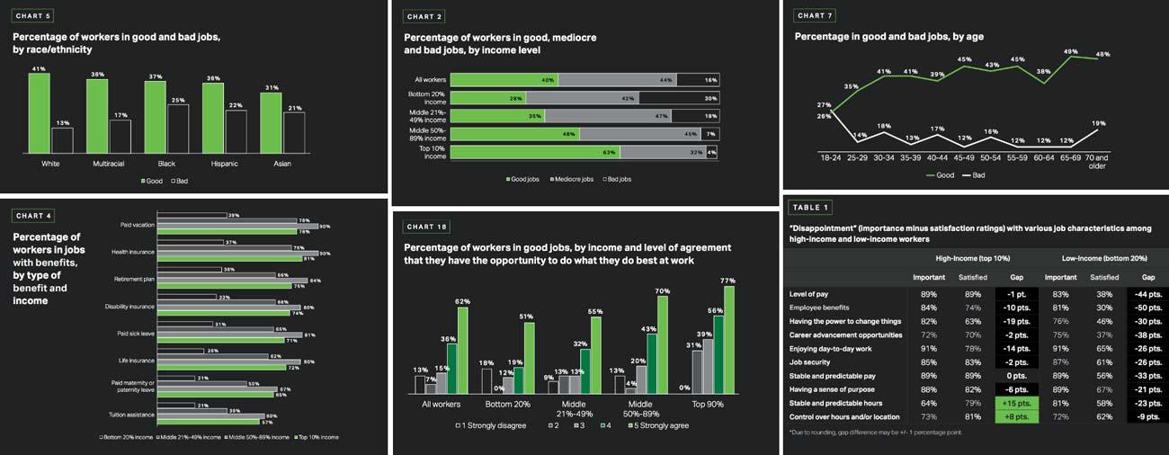 Descriptive collage of graphics from the report Not Just a Job.