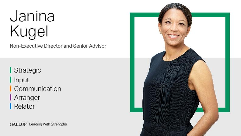 Non-Executive Director and Senior Advisor STRATEGIC | INPUT | COMMUNICATION | ARRANGER | RELATOR. GALLUP Leading with Strengths. Play How Janina Kugel Leads With Strengths Video