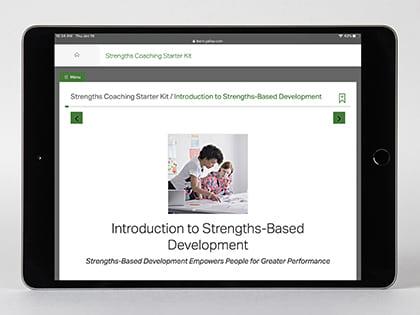 Digital kit displayed on device, featuring the Introduction to Strengths-Based Development page.