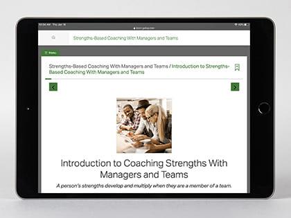 Digital kit displayed on device, featuring the Introduction to Coaching Strengths With Managers and Teams page.