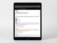Digital kit displayed on device, featuring the CliftonStrengths Quick Reference for Coaches page.