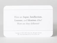 Back of a card, with text reading How are Input, Intellection, Learner, and Ideation alike? How are they different?