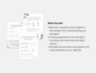 The digital CliftonStrengths Journal includes reflection questions and insights to dive deeper into understanding your strengths, practical applications, and guidance for using strengths in your daily life.